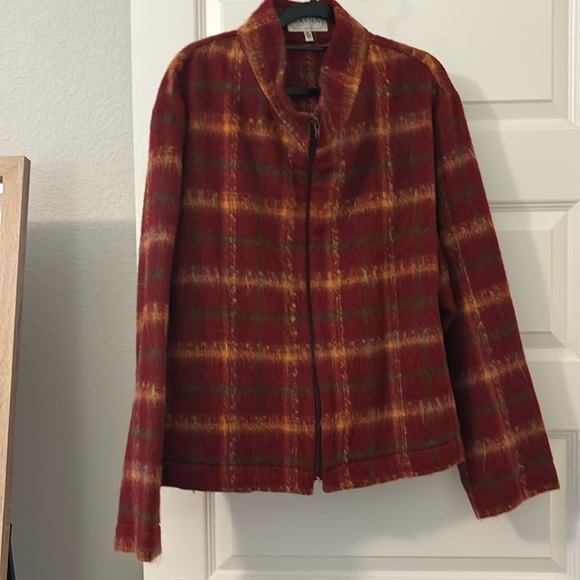 Sasha red fall leaves color wool blend jacket zipper sz 16 funnel neck plaid - Picture 1 of 16